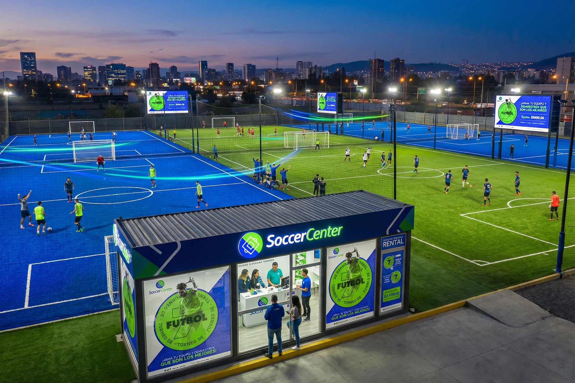 Soccer Center - Dynamic Night View of Blue Sports Courts Branding